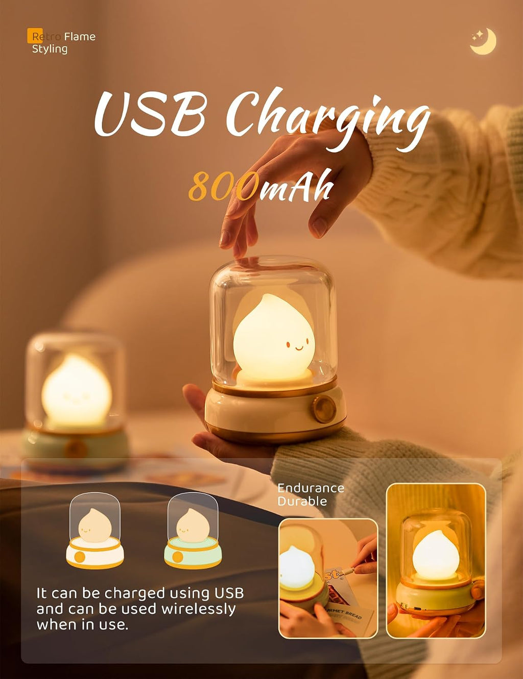 WANIDEA Cute Chibi Flame Lamp, Anime Cozy Lights, Retro Rechargeable Night Light, Decor, Cute Desk Accessories, Gifts 2 Pack (Yellow and…
