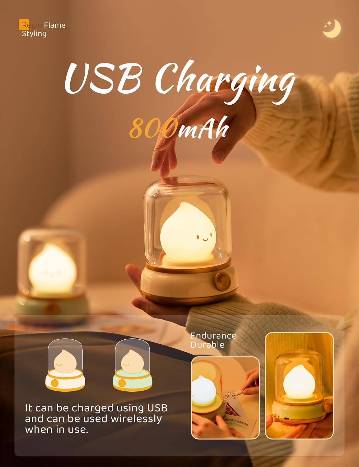 WANIDEA Cute Chibi Flame Lamp, Anime Cozy Lights, Retro Rechargeable Night Light, Decor, Cute Desk Accessories, Gifts 2 Pack (Yellow and…