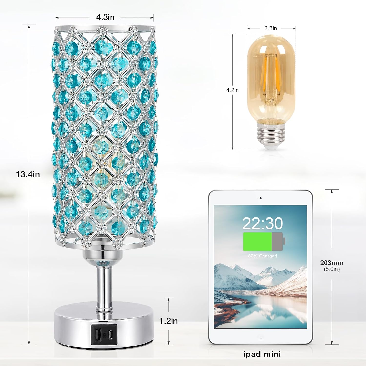 Hong-in Blue Crystal Table Lamp - 3-Way Dimmable Touch Control, Bedside Lamp with USB C and A Ports, Nightstand Light for Living Room…