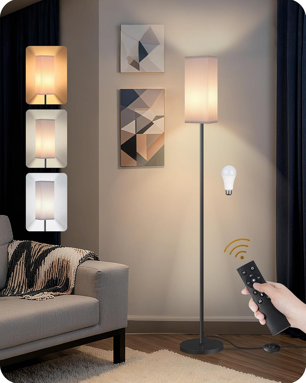 64.2” Dimmable Floor Lamp for Living Room with Remote and Foot Switch, Corner Floor Lamp for Bedroom, Includes 10W A19 Bulb, Modern…