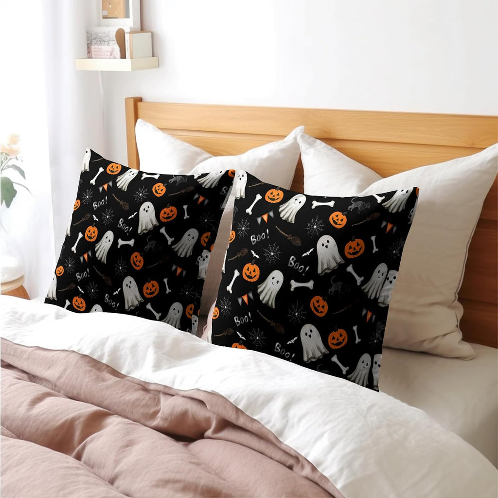 Halloween Throw Pillow Covers 20X20 Inch 2 Packs Boo Cute Ghost Orange Pumpkins Bat Web Decorative Black Pillow Cases Holiday Cotton…