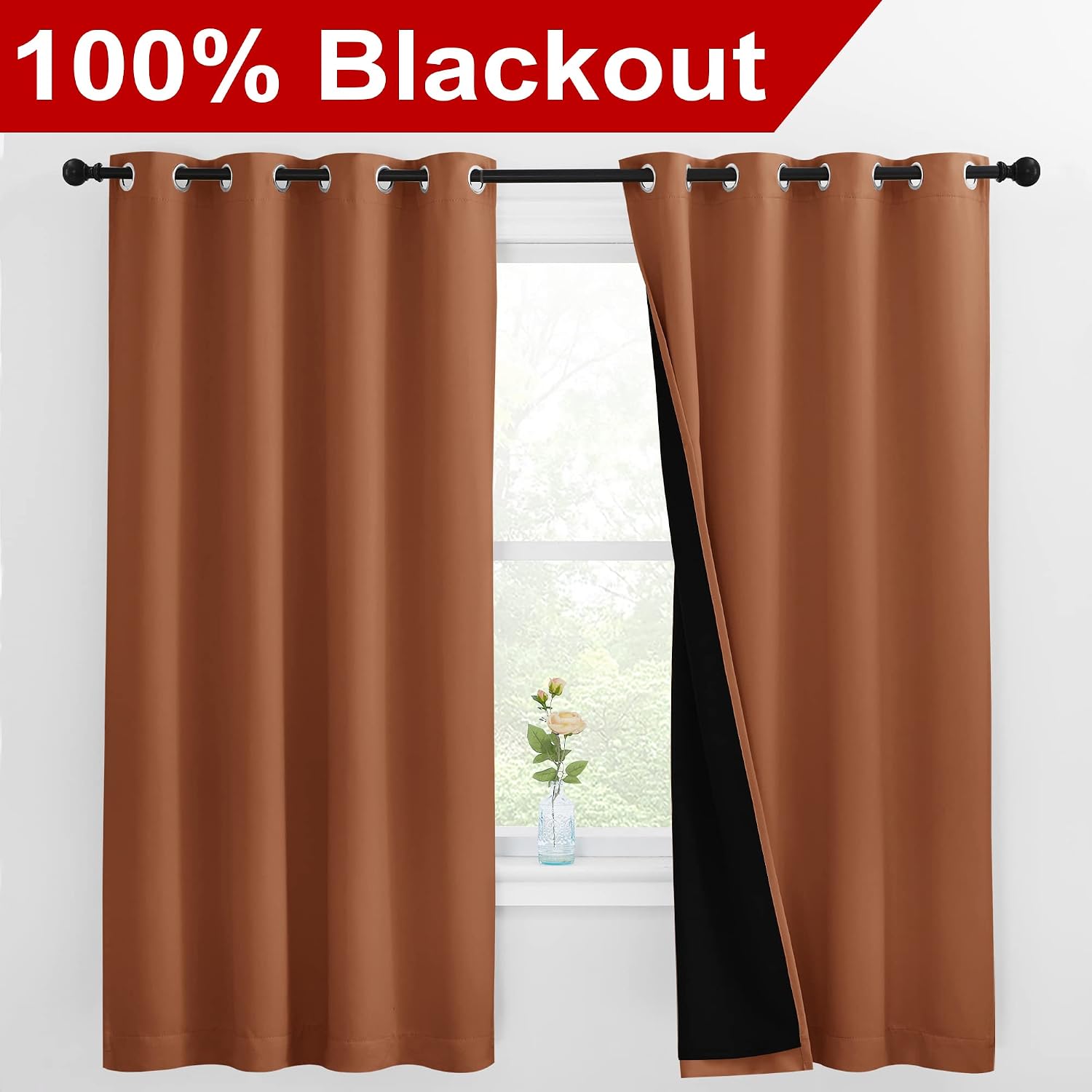 Nicetown Burnt Orange 100% Blackout Lined Curtains, 2 Thick Layers Completely Blackout Window Treatment Thermal Insulated Drapes for Kitche…