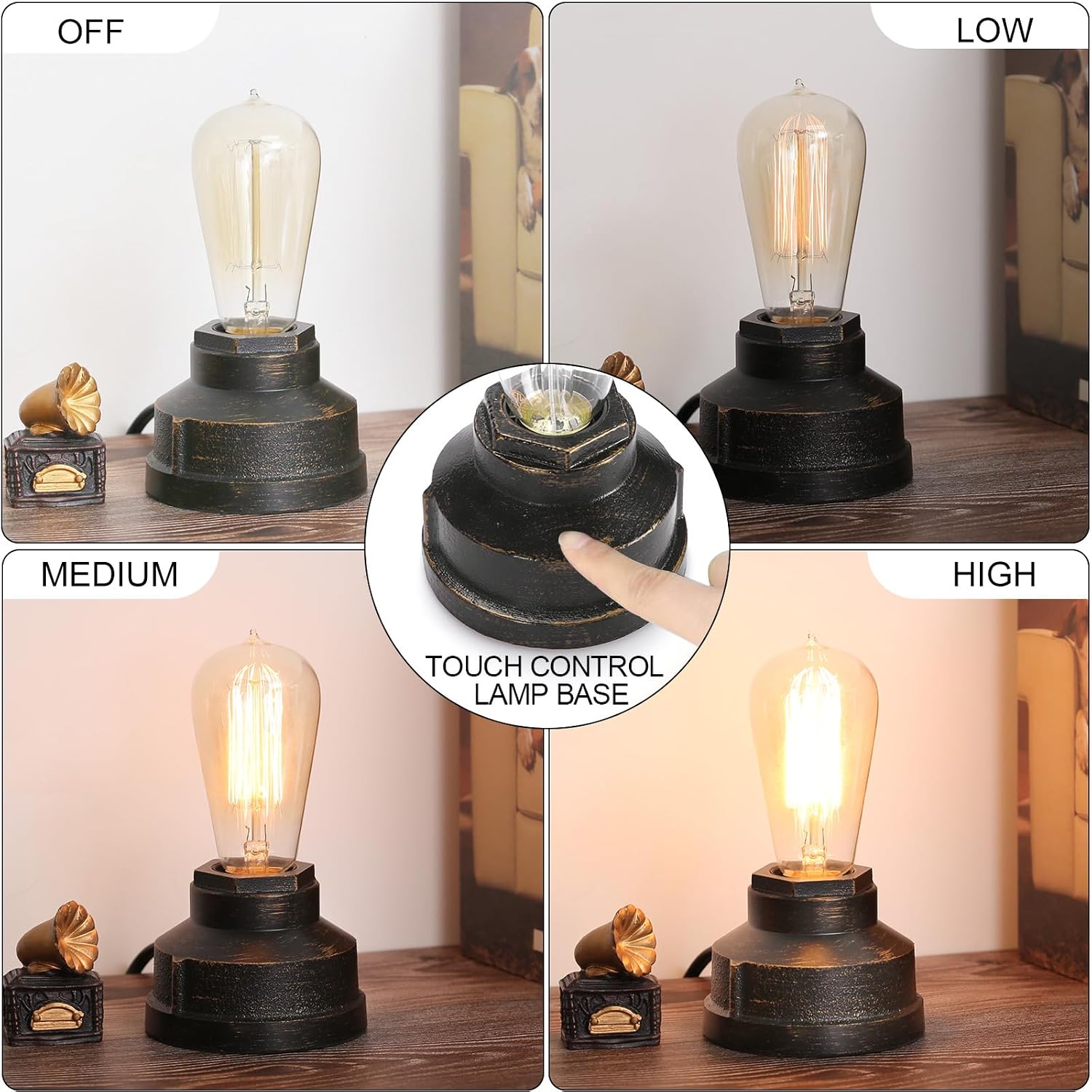 Small Touch Control Table Lamp Base, Industrial Touch Light Vintage Edison Bulb Base, Dimmable Bedside Nightstand Accent Light for Living…
