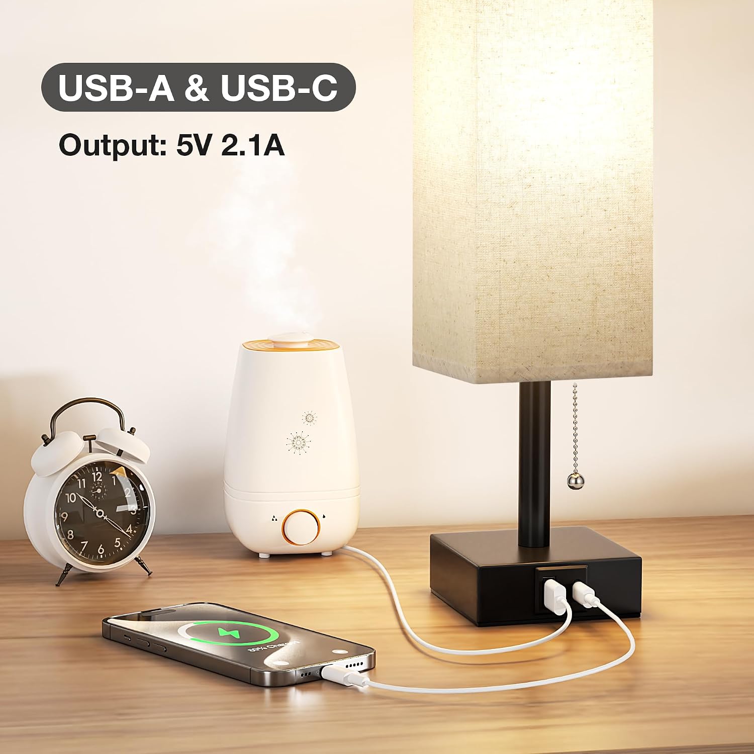 Aooshine Small Linen Bedroom Lamp - 3 Color Temperature 3000K 5000K 4000K Bedside Lamp, Pull Chain Control, USB A and C Charging Ports, Bla…