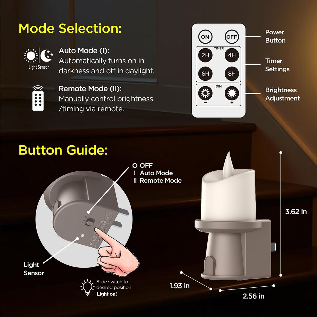 2-in-1 Plug in Night Light (1 Pack) - Dual Mode: Auto Sensor & Remote Timer - Boho Neutral Beige Candle Nightlight for Nursery, Bedroom…