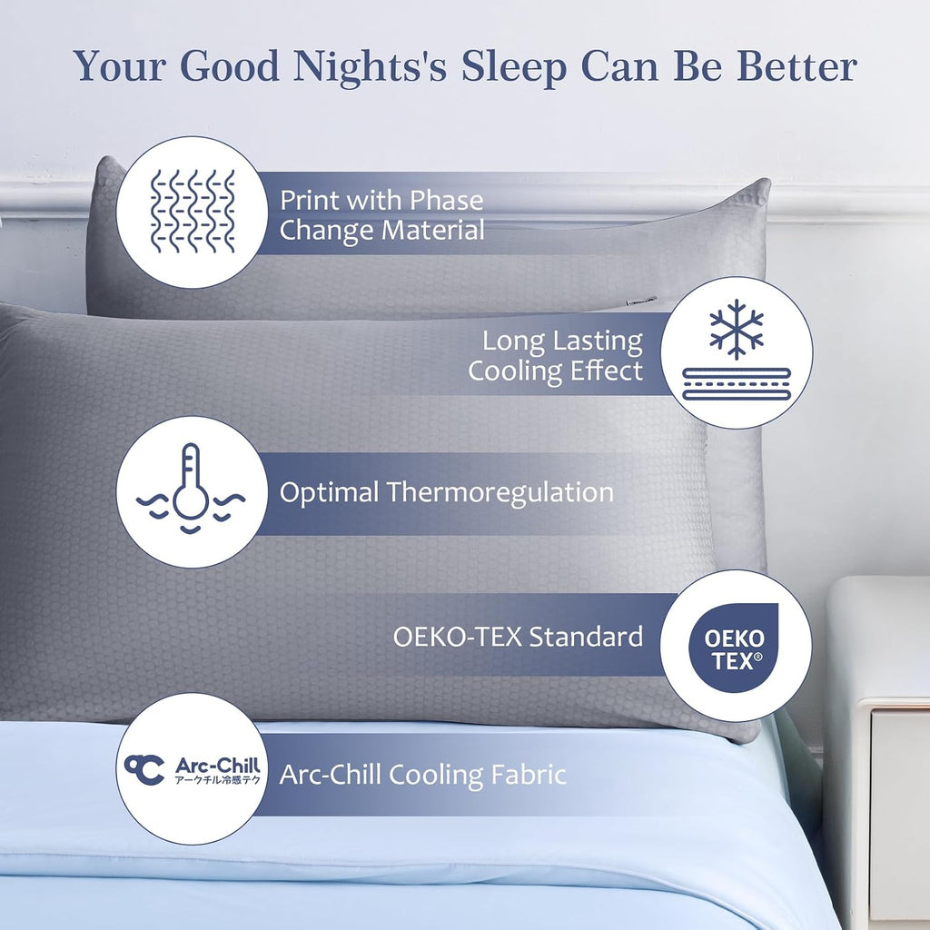 LUXEAR PCM Cooling Pillow Cases, 2 Pack Arc-Chill Q-Max>0.5 Ultra Cool Pillowcases with PCM Print Wick Moisture, Hidden Zipper Cold…