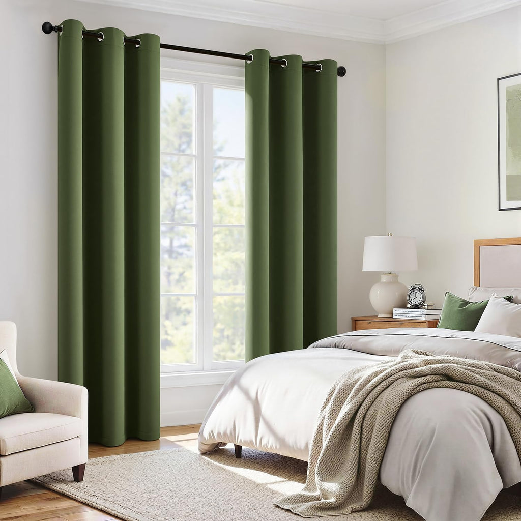 Miulee Olive Green 100% Blackout Curtains for Bedroom 90 Inch Long, 2 Thick Layers Thermal Insulated Black Out Window Curtains with Black L…