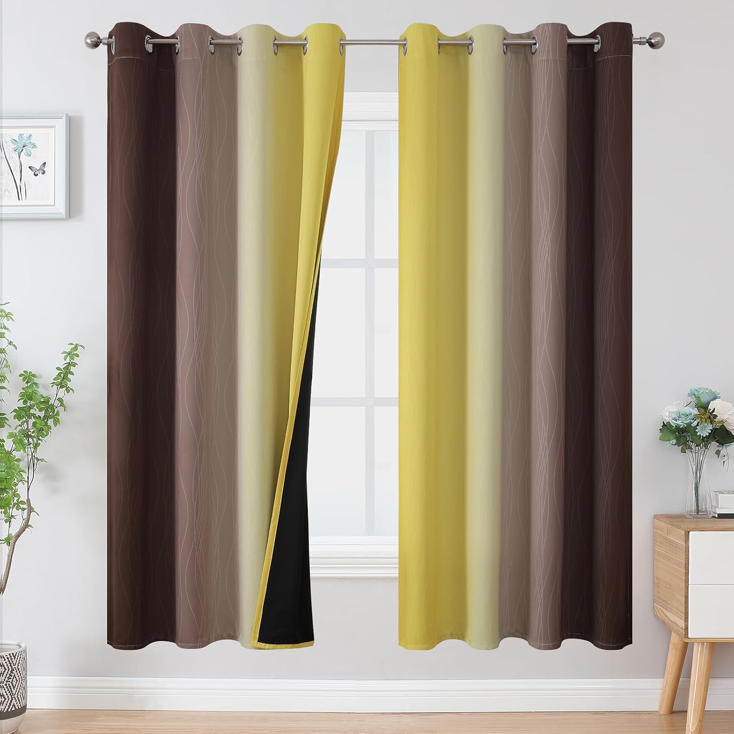 Estelartextiler Estelar Textiler Brown and Yellow Blackout Curtains for Living Room, Full Room Darkening Grommet Ombre Curtains for Bedroom…