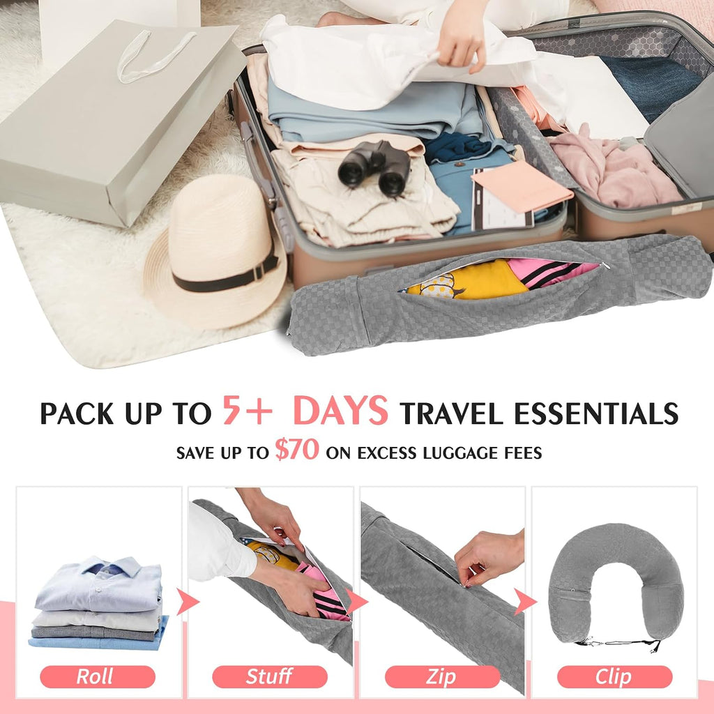Stuffable Travel Pillow, Stuffable Neck Pillow for Travel, Neck Pillow Stuffed with Clothes Storage - No Extra Baggage Fees, Fits 5+ Days…