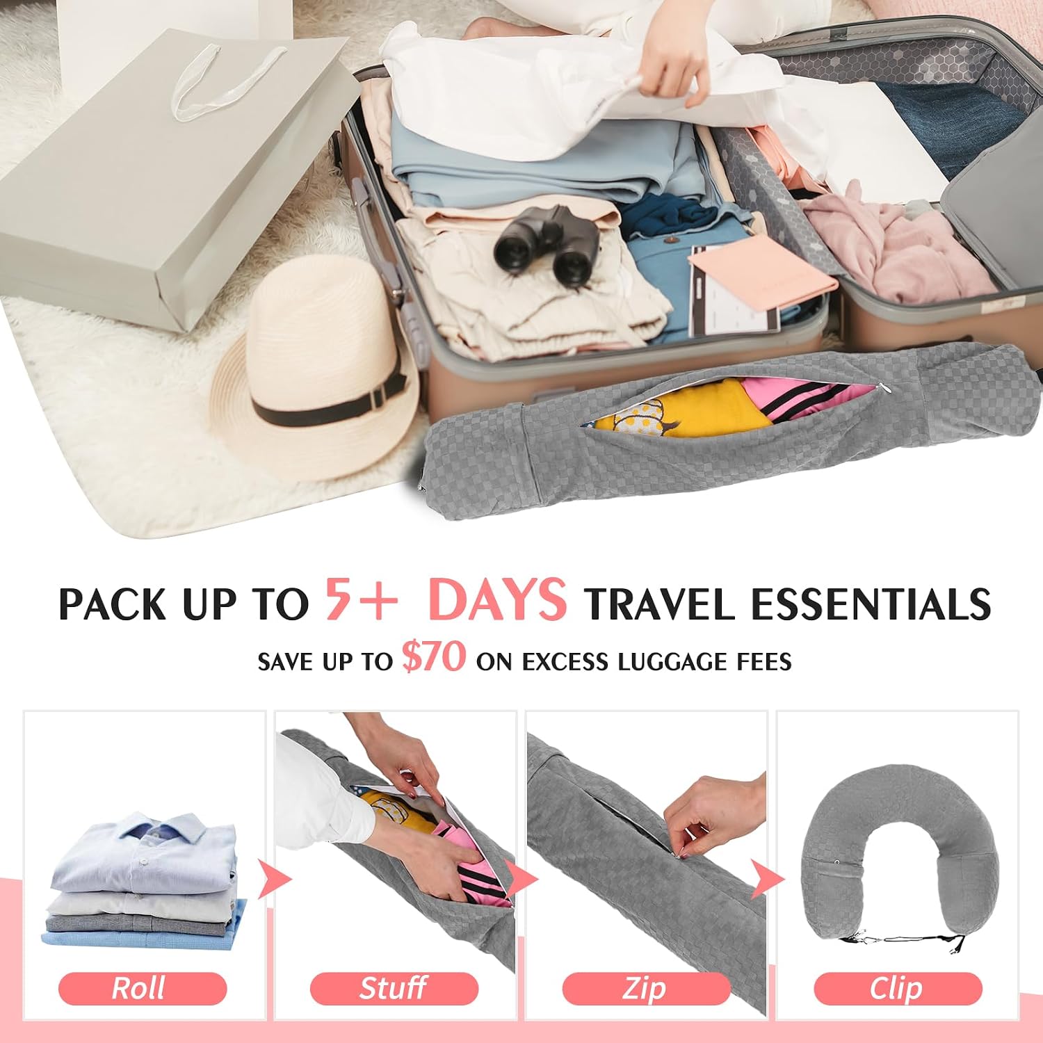 Stuffable Travel Pillow, Stuffable Neck Pillow for Travel, Neck Pillow Stuffed with Clothes Storage - No Extra Baggage Fees, Fits 5+ Days…