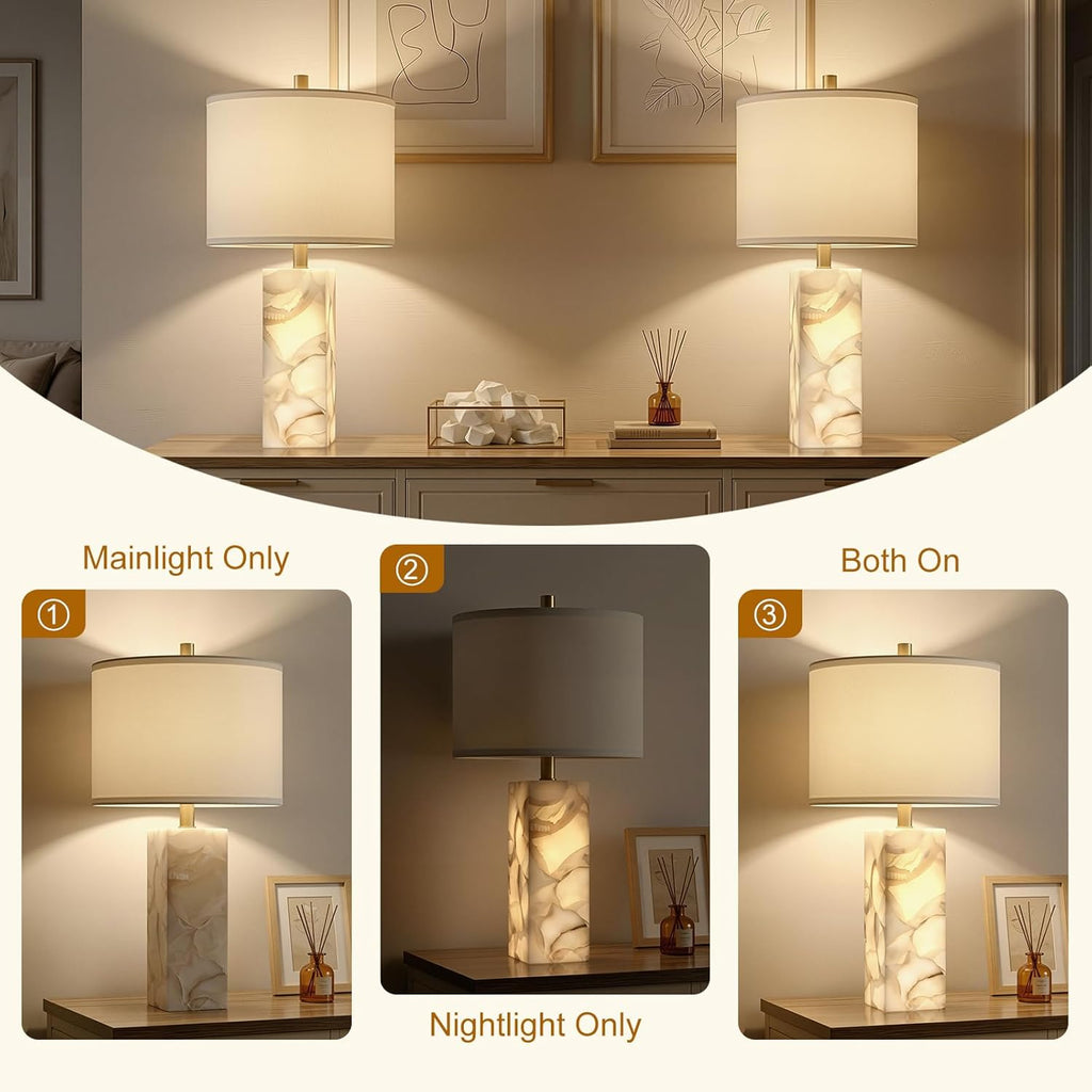 Scenekoy Alabaster Table Lamp Set of 2 with Night Light for Bedroom Living Room, 23" Rotary Switch Bedside Lamp with Linen Shade, Modern…