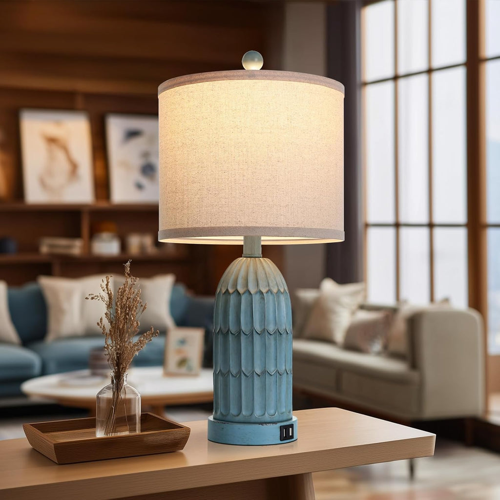 Cinkeda Coastal Table Bedside Lamps Set of 2, Farmhouse 3-Way Dimmable Touch Nightstand Lamp with 2 USB Charging Ports, Vintage Bedside…