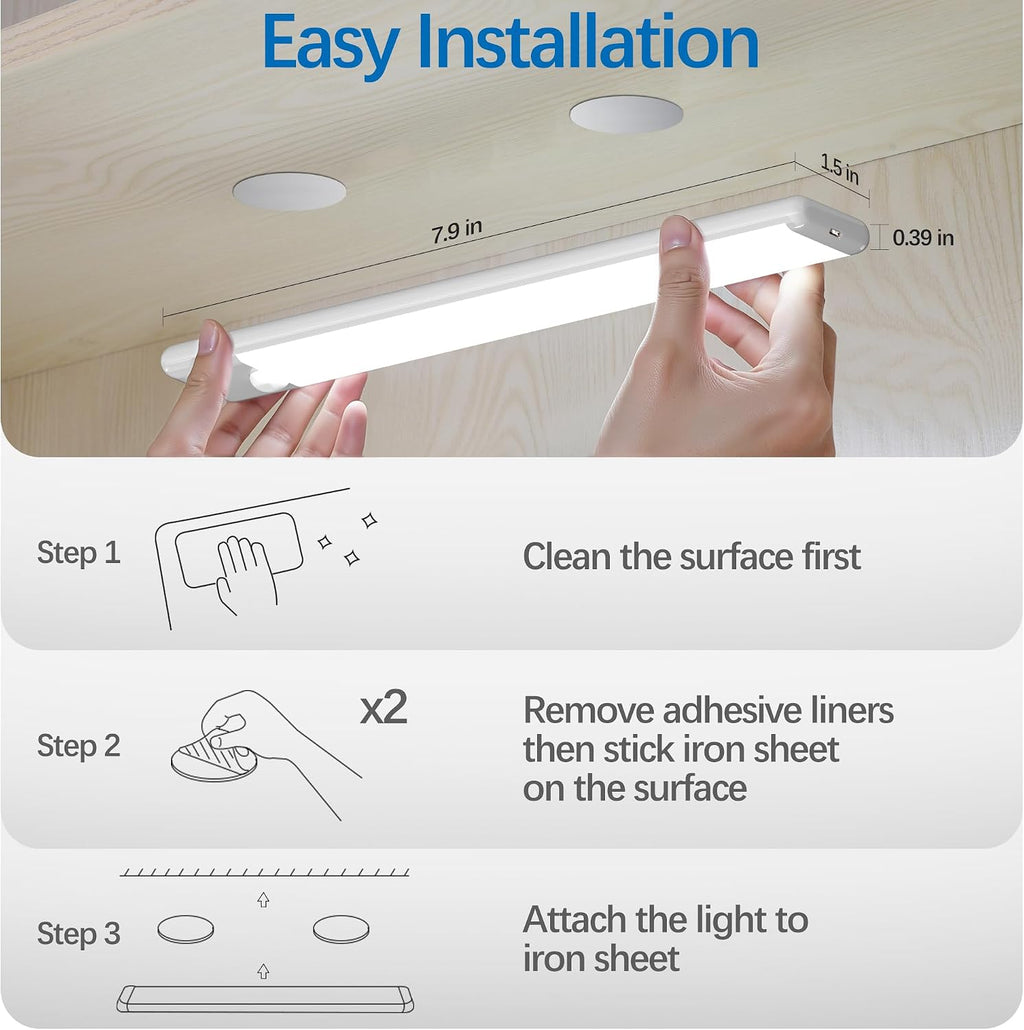 Motion Sensor Under Cabinet Lights, Magnetic Rechargeable Under Counter Closet Light, Wireless Night Light Bar Stick-On, 2-Pack, Cool White