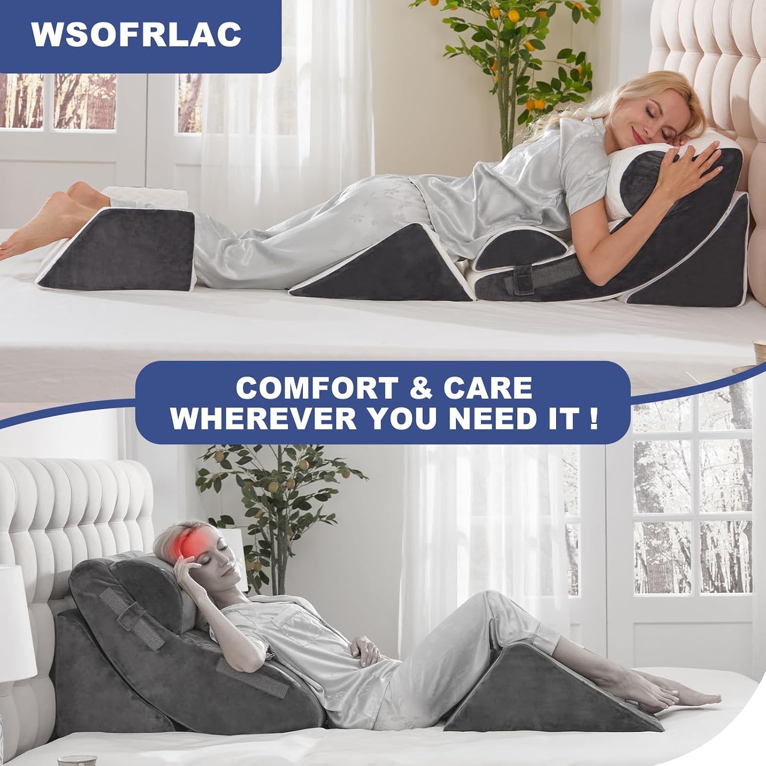 WSOFRLAC 6PCS Multi-Functional Bed Wedge Pillow Kit - 7-in-1 Orthopedic Support for Back/Neck/Legs, Post Surgery Recovery & Sitting Up in…