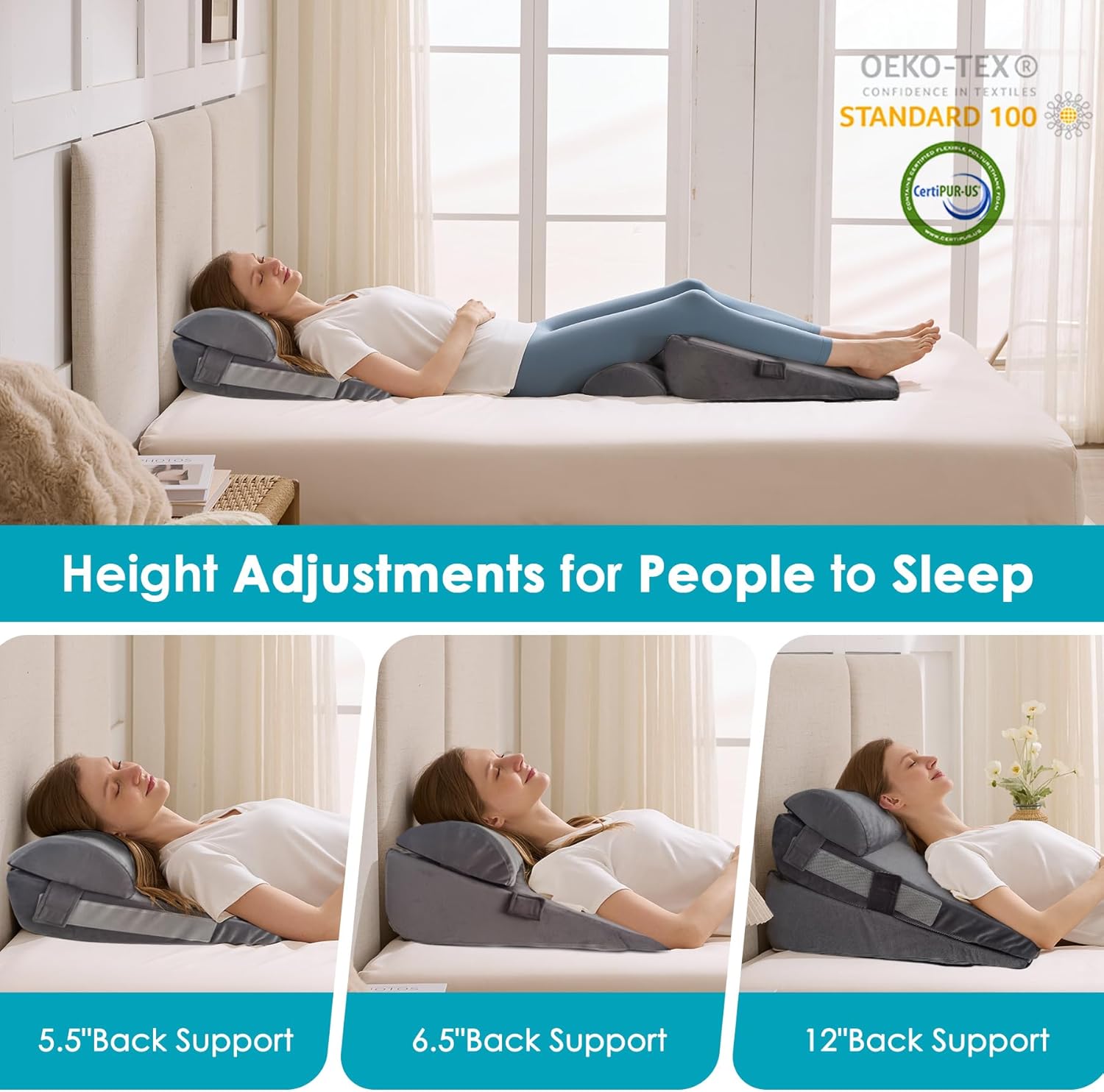 Wgakced 3Pcs Wedge Pillow Set for After Surgery, Acid Reflux Relief, Adjustable Bed Wedge Pillows for Sleeping, Anti Snore, Memory Foam Trian…