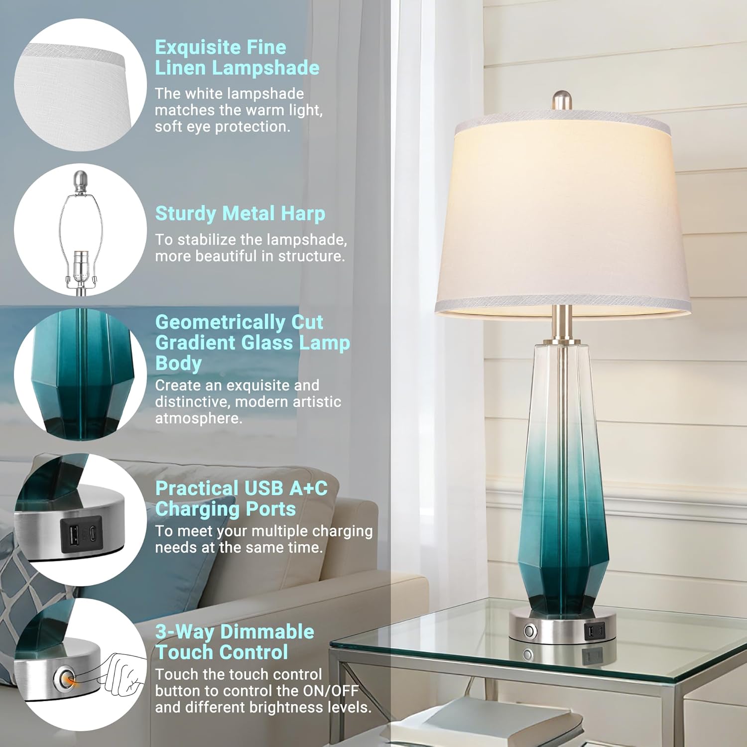 QiMH Glass Table lamps for living room, Modern Bedside Lamps for Bedrooms,27.5" Tall Nightstand Lamps Set of 2 with 3-Way Dimmable Touch…