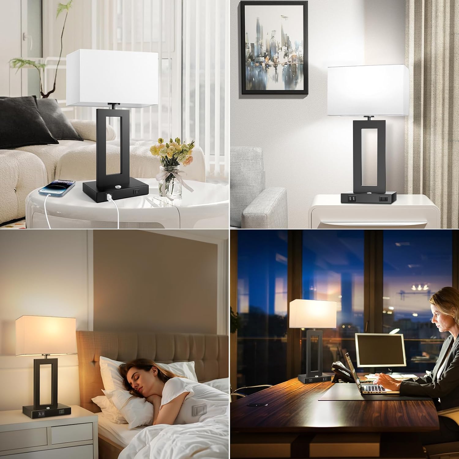 Kondras Set of 2 Table Lamps for Bedrooms, 3-Color Temperatures Touch Control Bedside Lamps with 2 USB Ports&AC Outlet, Stepless Dimmable…