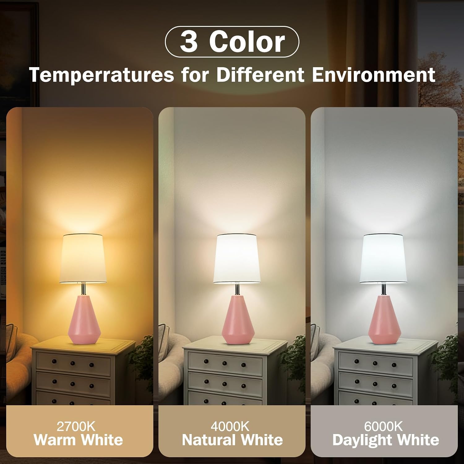 Small Bedside Table Lamp for Bedroom-Reading Desk Lamp Set of 2, with 3 Color Temperatures,15.5" Nightstand Ceramic Lamp with Fabric Shade…
