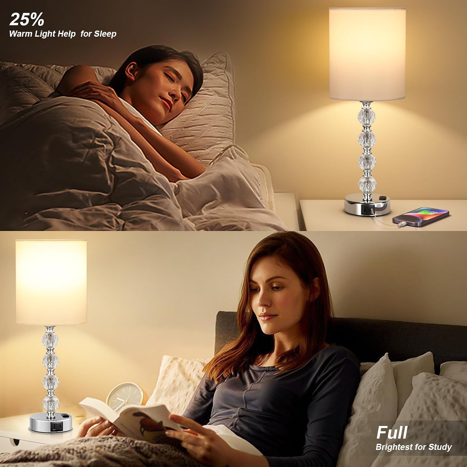 Touch Bedside Crystal Lamps for Bedrooms Nightstand with USB C+A Charging Port and AC Outlet White, 3 Way Dimmable Silver Large End Side…