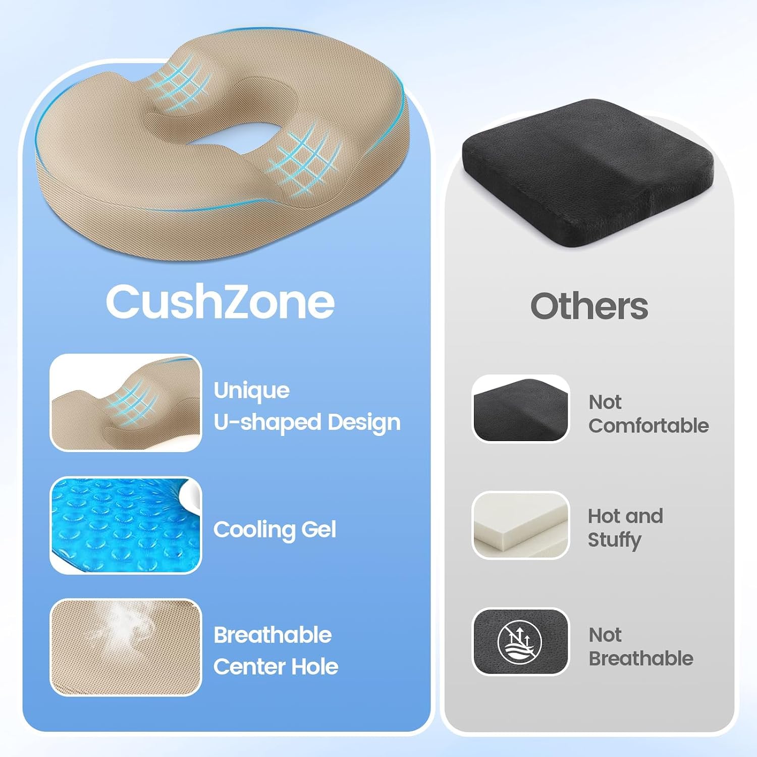 CushZone Donut Pillow Seat Cushion - Cooling Gel Donut Chair Cushions, Memory Foam Seat Cushion for Office & Home, Car Seat Cushion and But…