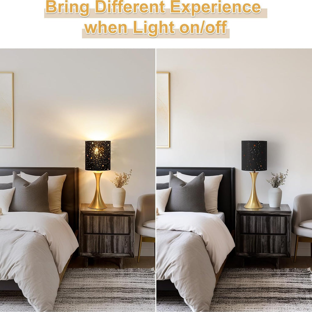 Touch Lamp for Bedroom, 3 Way Dimmable Gold Table Lamp with Black Starry Shade, Decorative Nightstand Lamp Ambient Beside Light for…