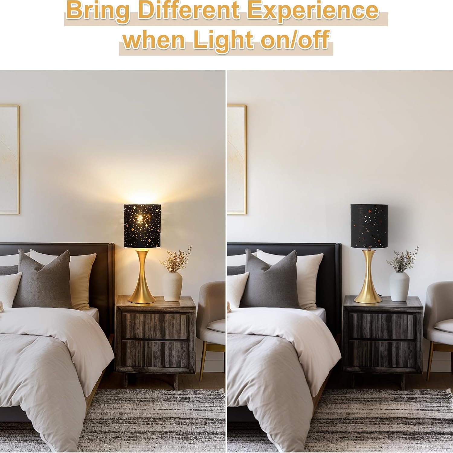 Touch Lamp for Bedroom, 3 Way Dimmable Gold Table Lamp with Black Starry Shade, Decorative Nightstand Lamp Ambient Beside Light for…