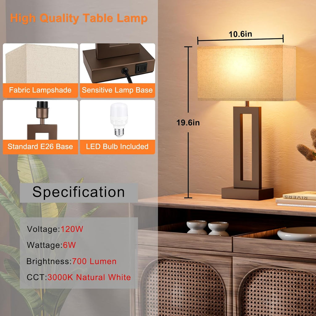 Seealle Bedroom Lamps for Night Stands - Touch Control, 3 Way Dimmable, USB C+A Charging, LED Bulbs, Easy Assembly(Yellow&Brown)