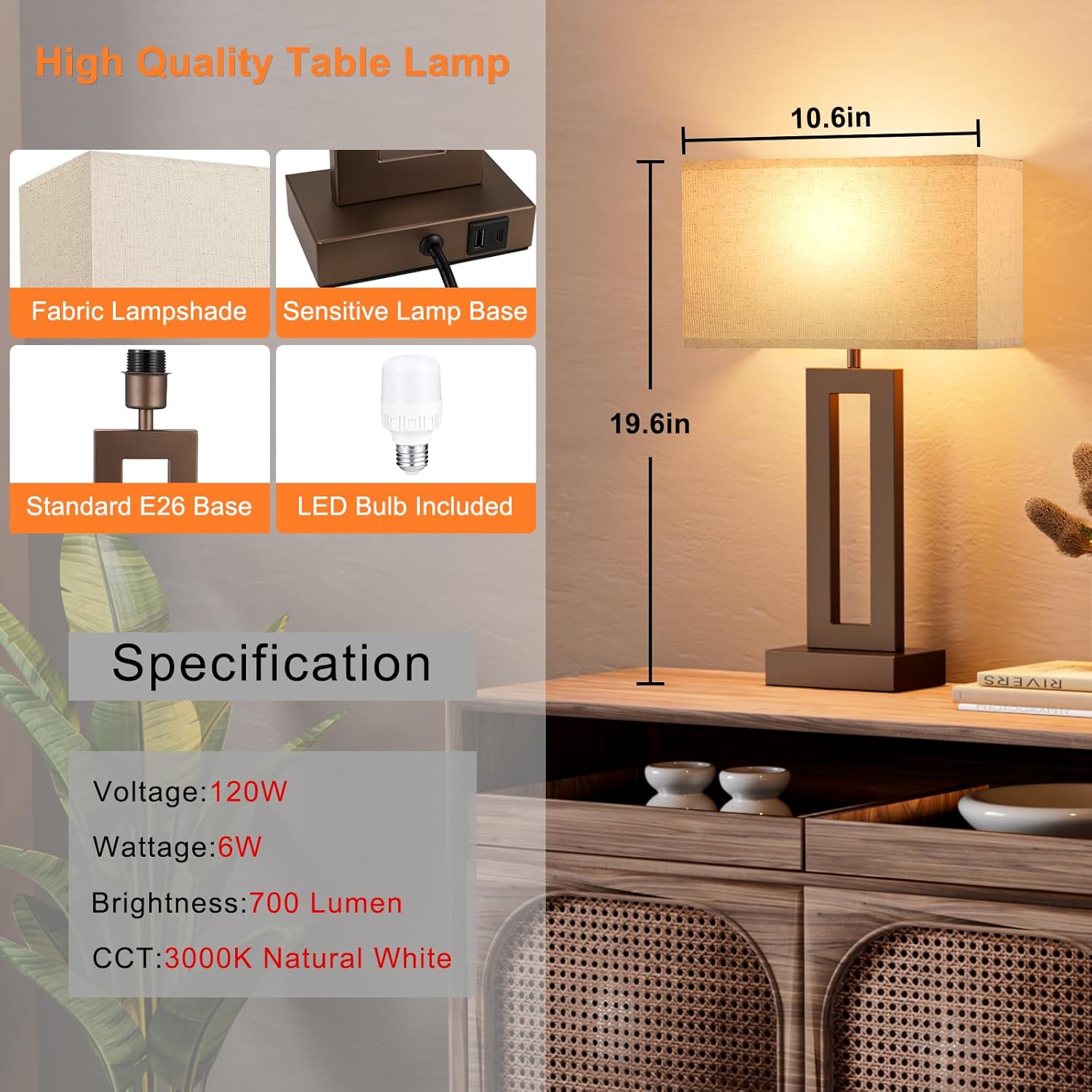 Seealle Bedroom Lamps for Night Stands - Touch Control, 3 Way Dimmable, USB C+A Charging, LED Bulbs, Easy Assembly(Yellow&Brown)