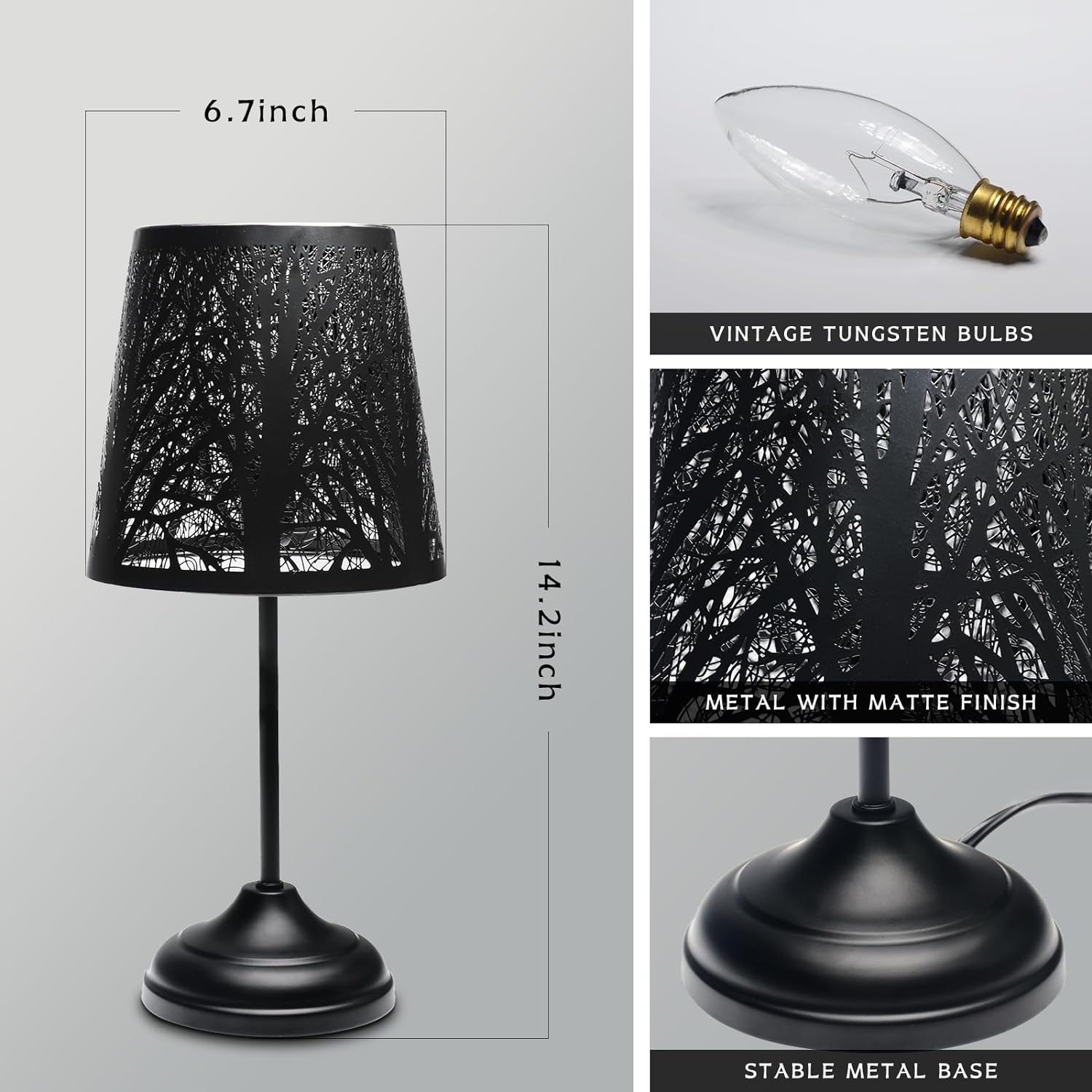 3 Level Dimmable Touch Table Lamps Set of 2, Black Metal Tree Pattern Shadow Lamp, Small Bedside Night Light for Kids, Vintage Accent…