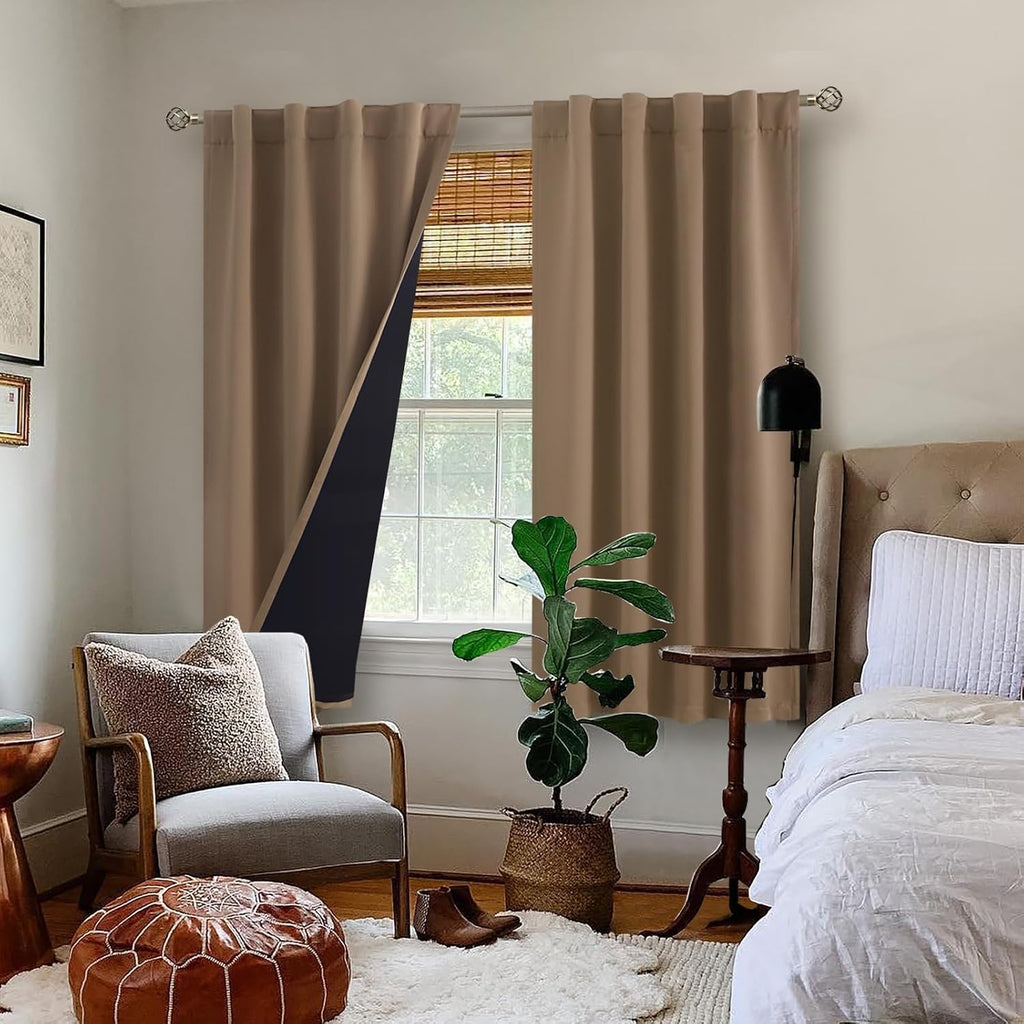 BGment Taupe 100% Blackout Curtains 63 Inches Long with Thermal Insulated Liner, Rod Pocket and Back Tab Double Layer Full Room Darkening…