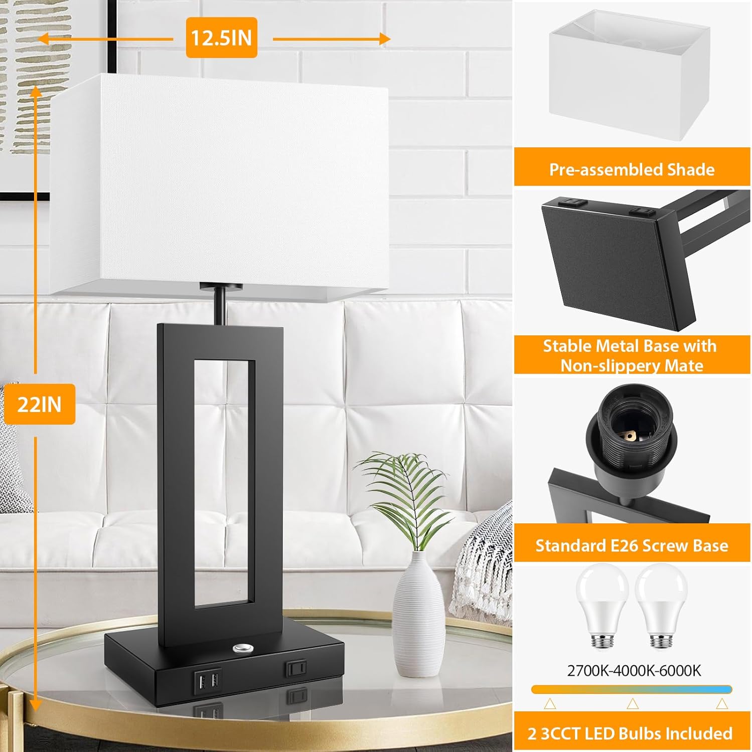 3 Color Temperatures Table Lamps for Bedrooms Set of 2, 22’’ Touch Control Bedside Nightstand Lamps with 2 USB Ports & AC Outlet…