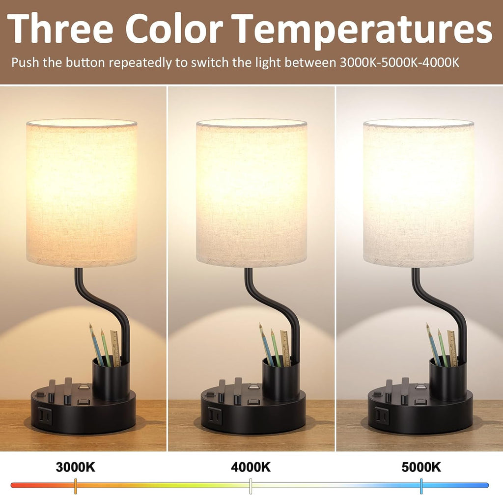 Bedside Table Lamps for Bedroom Set of 2 - Nightstand Light with AC Outlet and USB A & C for Charging, 3 Color Temperatures, Study Desk…