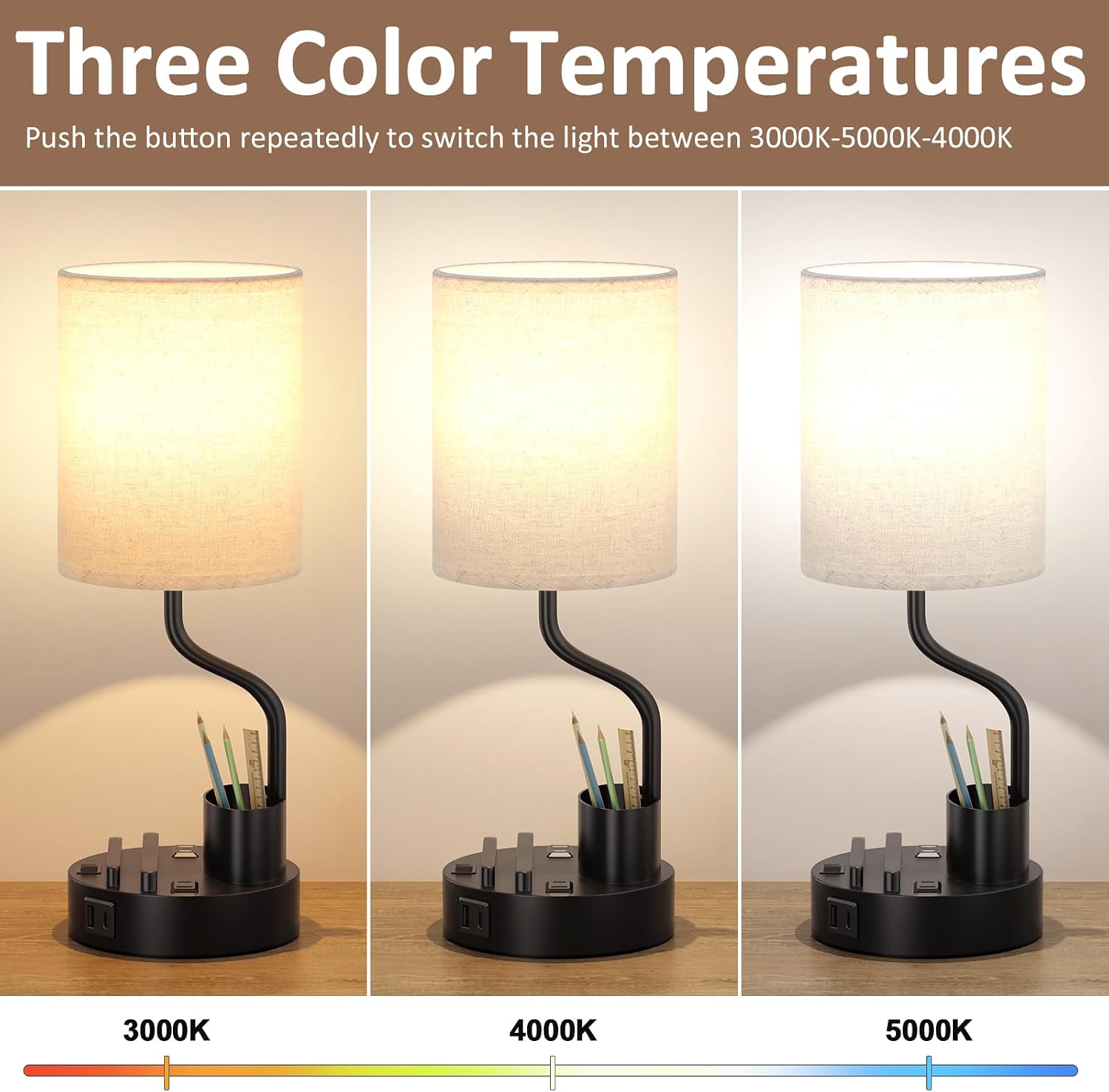 Bedside Table Lamps for Bedroom Set of 2 - Nightstand Light with AC Outlet and USB A & C for Charging, 3 Color Temperatures, Study Desk…