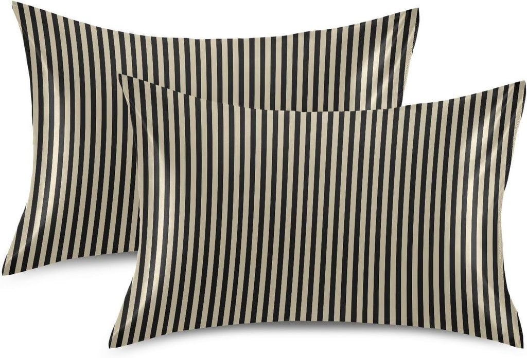 Stripe Brown Black Print Pillow Covers Silk Pillowcase for Hair and Skin Breathable Smooth Soft Satin Pillowcase King Size Pillow Case…