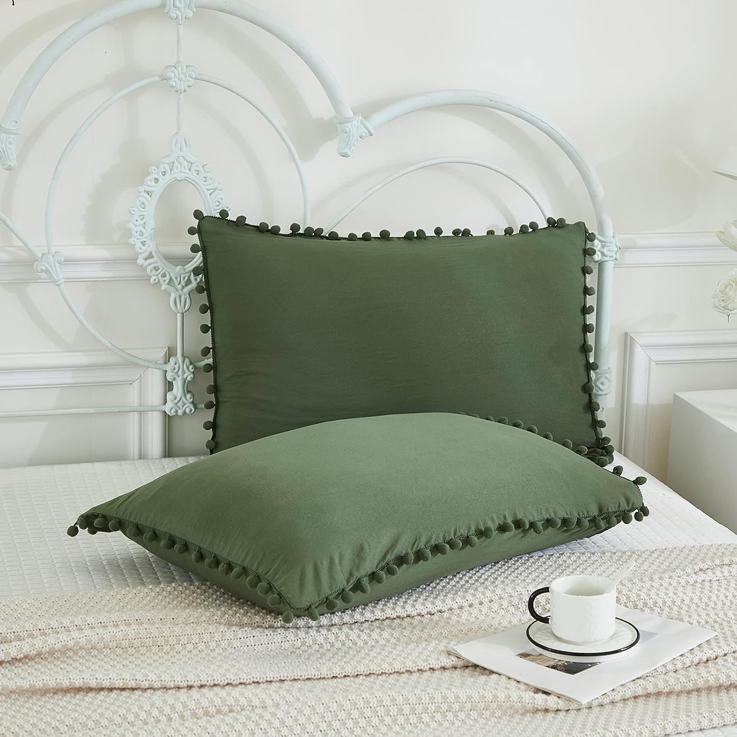 Moveover Dark Green Pom Poms Pillowcases, Green Standard Pillow Cases Set of 2, 100% Washed Microfiber, Bronze Green Ball Fringe Pillow Cov…