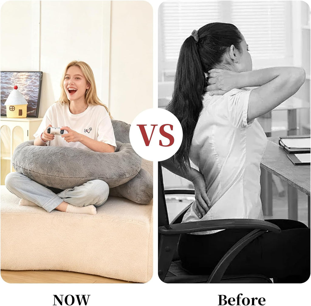 19" Faux Fur Reading Pillow for Bed, U Shaped Support Cushion with Lumbar & Arms, Luxurious Soft Backrest for Gaming, Lounging, Watching…