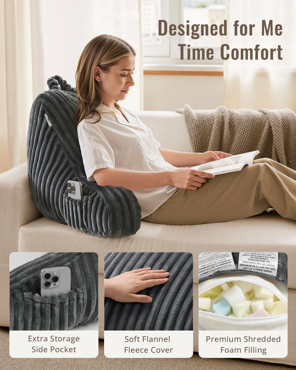 BlissfulDiary Blissful Diary Reading Pillow for Sitting in Bed, Large Flannel Back Pillow Bed Sitting Up for Adult & Children, Backrest Cus…