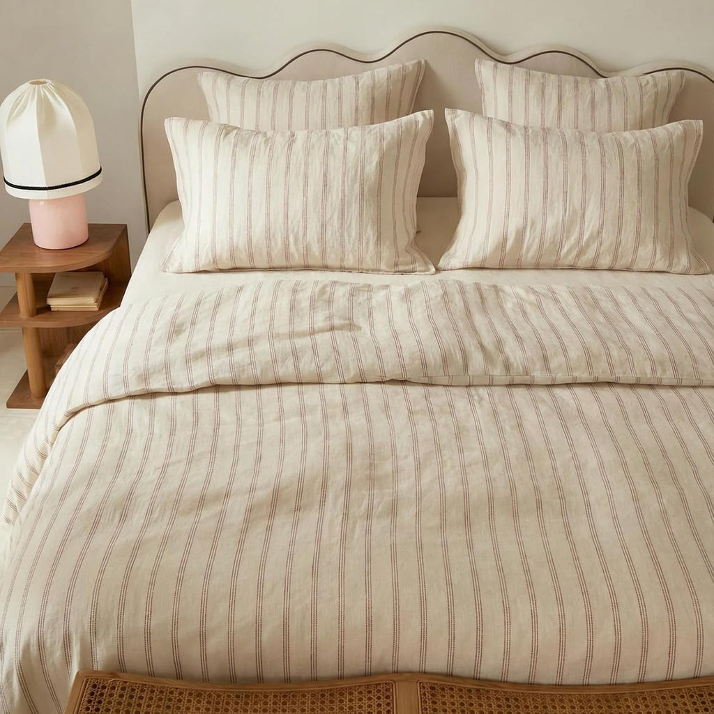 mixinni Striped Duvet Cover Set Queen Size, 3 Piece Cotton Linen Blend Bedding Set, Vintage Stripe Comforter Cover with Pillowcases, Soft B…
