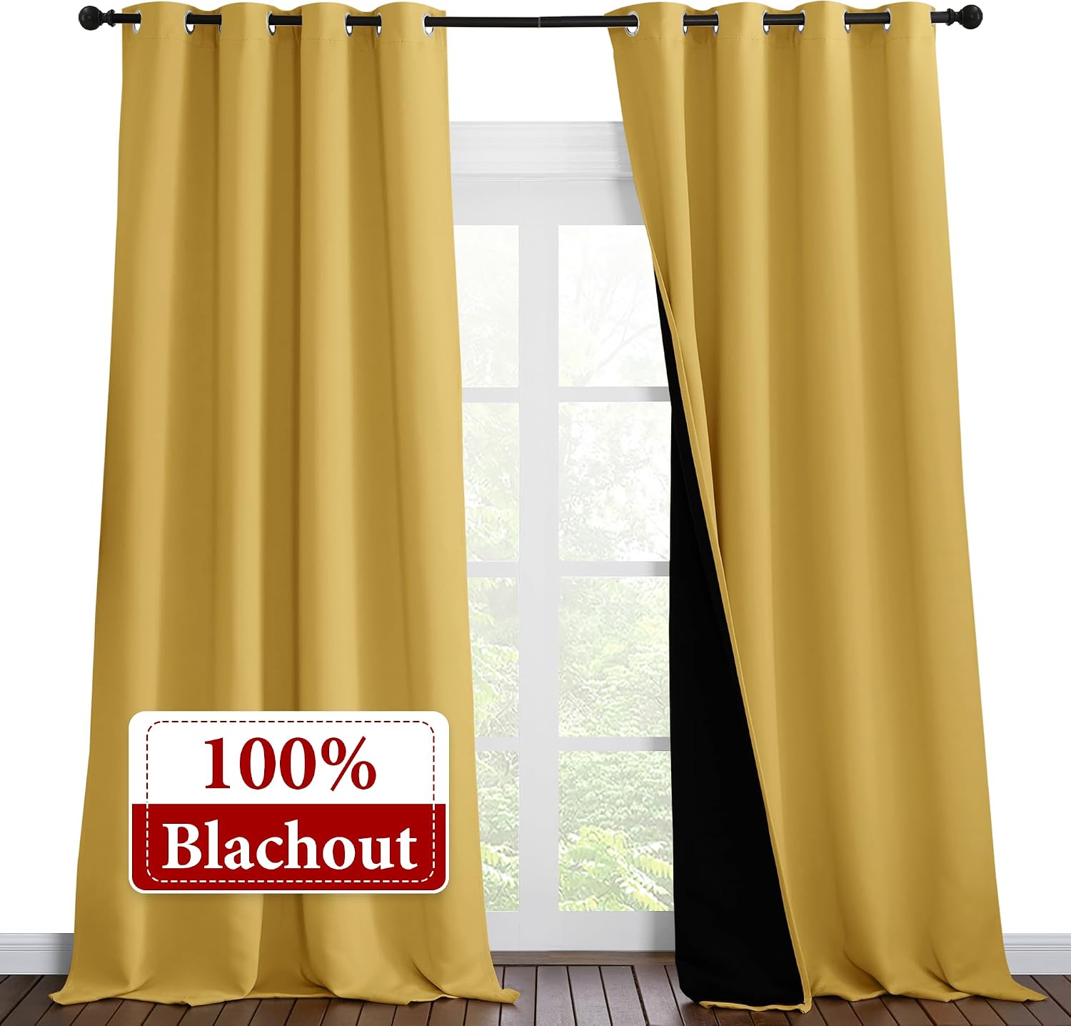 Nicetown 100% Blackout Blinds, Laundry Room Decor Window Treatment Curtains for Large Patio Sliding Door, Thermal Insulated Bright Yellow C…