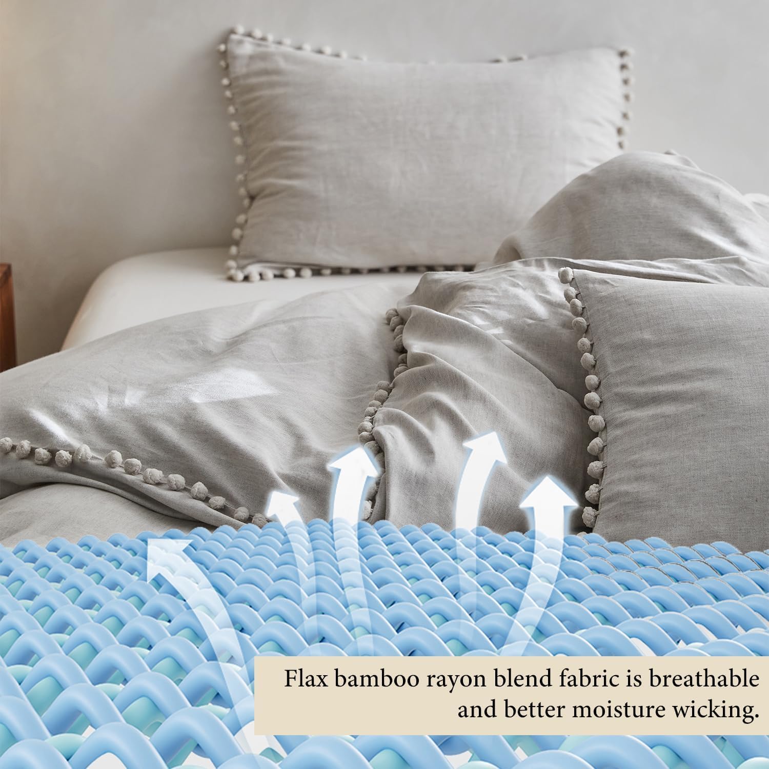 Simple&Opulence French Linen Blended Duvet Cover Queen, Flax Viscose Derived from Bamboo Bedding Set with Pom Pom Trim Soft Cooling for…