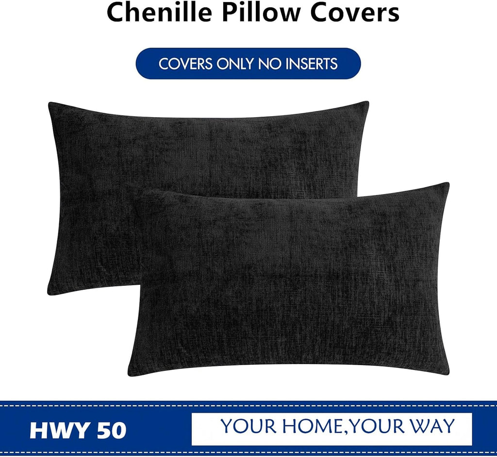 Hwy50 HWY 50 Black Lumbar Pillow Covers 12x20 Inch Pack of 2, Soft Chenille Decorative Throw Pillow Covers Farmhouse for Couch Sofa Living…