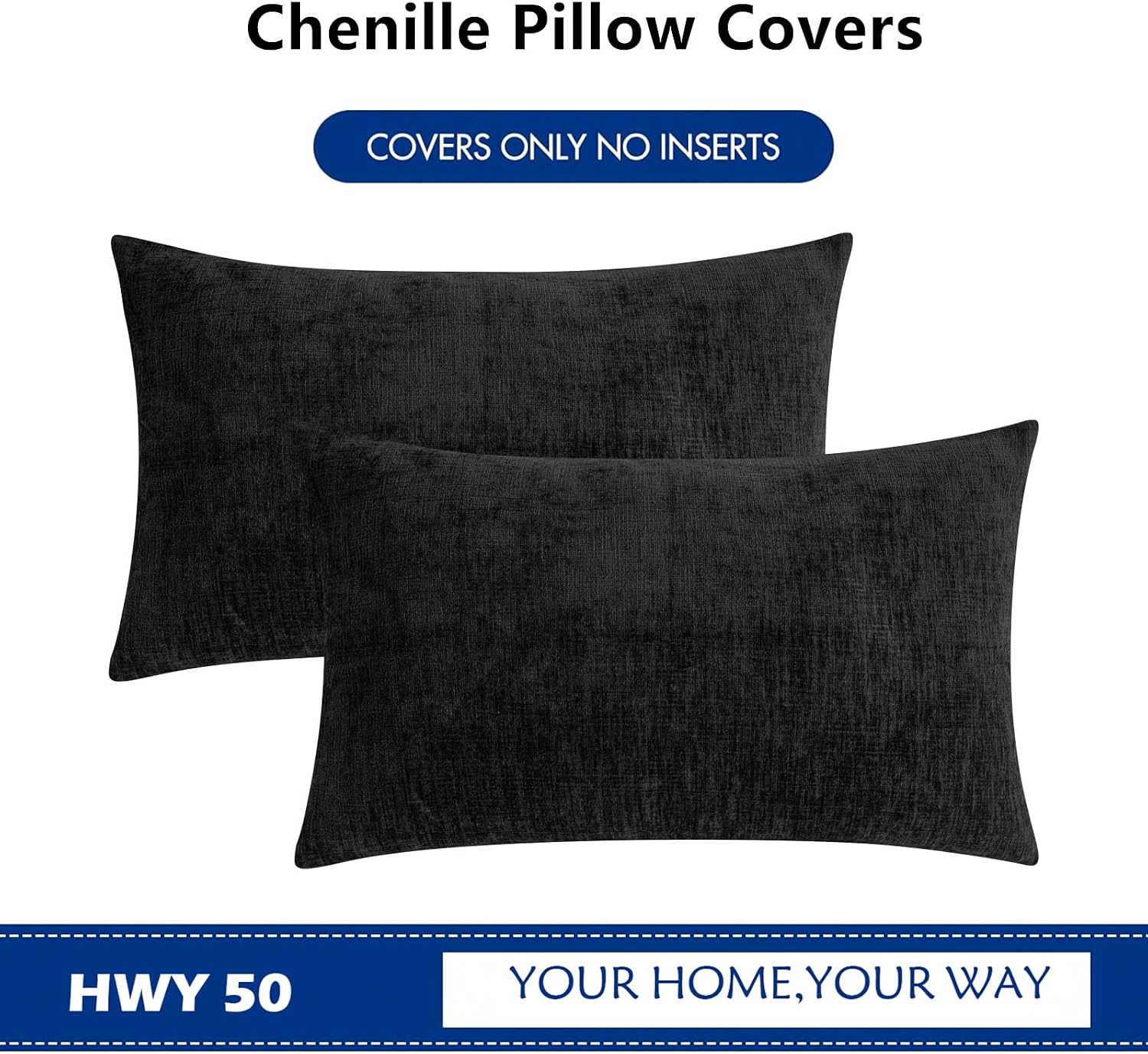 Hwy50 HWY 50 Black Lumbar Pillow Covers 12x20 Inch Pack of 2, Soft Chenille Decorative Throw Pillow Covers Farmhouse for Couch Sofa Living…