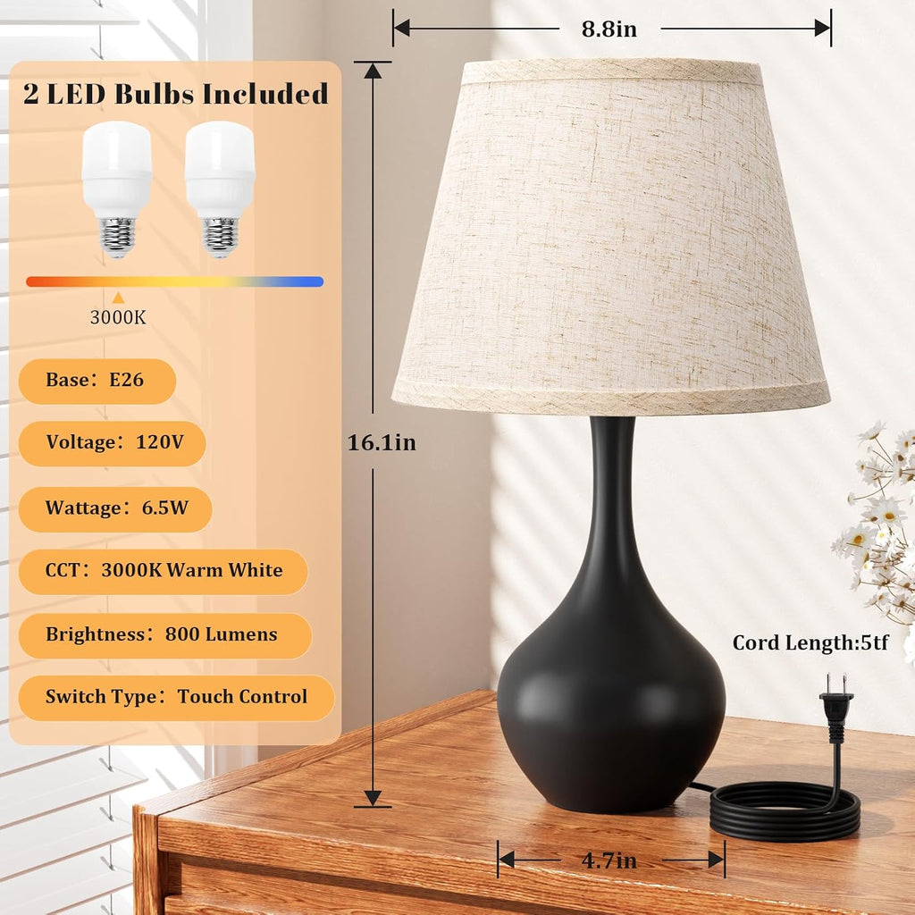 Seealle Touch Table Lamps for Bedroom Set of 2,3-Way Dimmable Small Bedside Lamps for Night Stands with Wires, Black Desk Lamps for Kids…