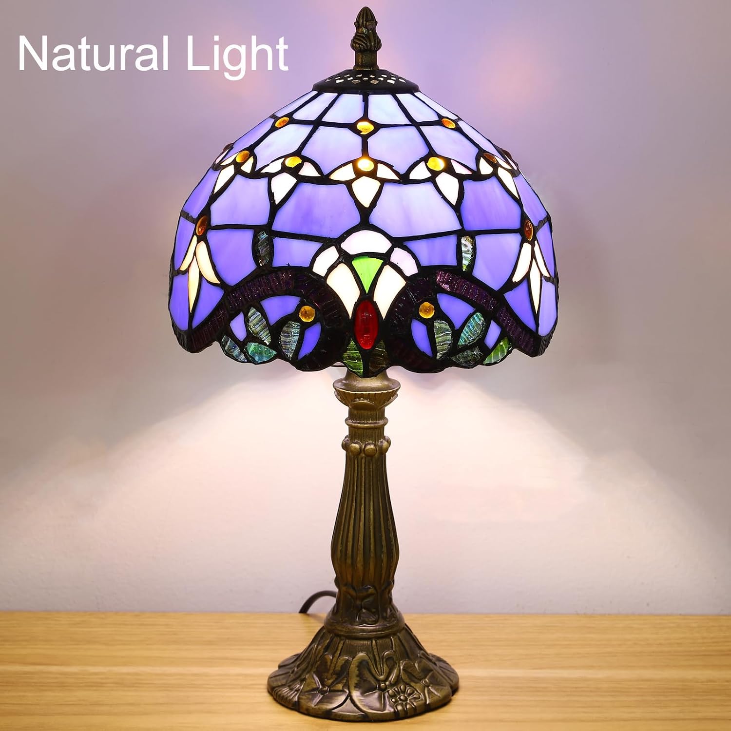 Tiffany Style Table Lamp, Blue Baroque Style Stained Glass Lamp, 8 Inch Small Antique Lamp, for Bedside Nightstand Bedroom Living Room…