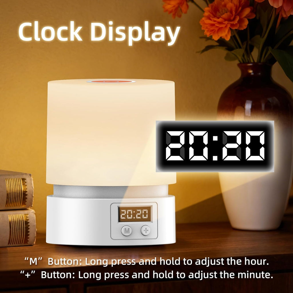 Nursery Night Light with Clock for Kids, Touch Lamp Bedside Desk Lamp, Portable Breastfeeding Night Lamp for Baby, 3 Color Stepless…