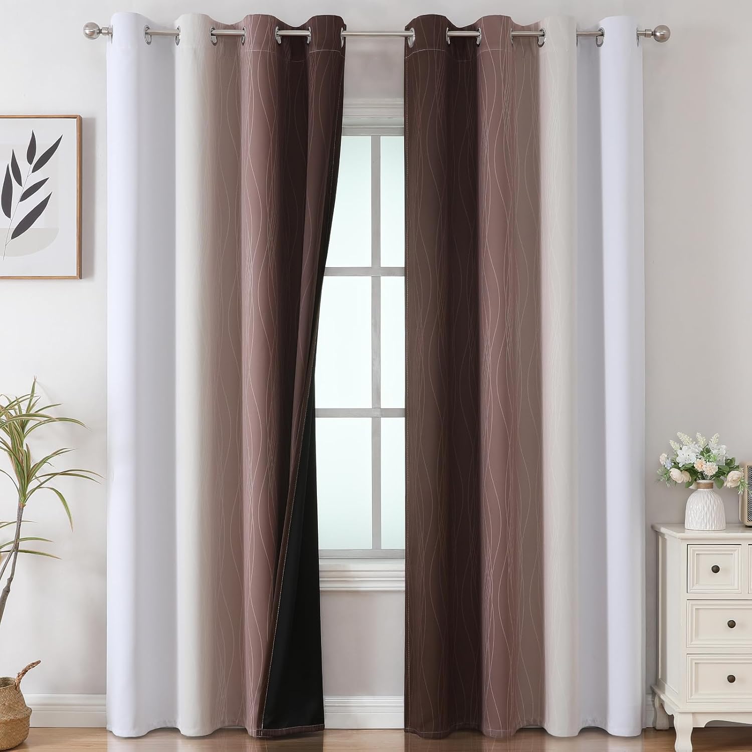 Estelartextiler Estelar Textiler Brown and Greyish White Ombre Blackout Curtains 90 Inch Length 2 Panels Set, Thermal Insulated Grommet Dra…