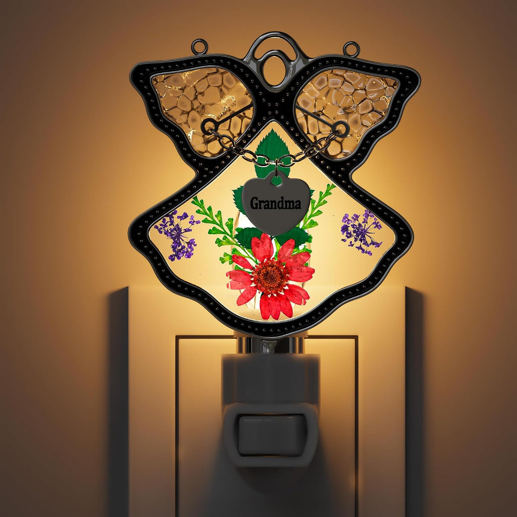 KY&BOSAM Night Light Grandma Stained Glass Angel Night Lights Plug Into Wall with Real Flower in Glass and Metal Charm Night Light for…