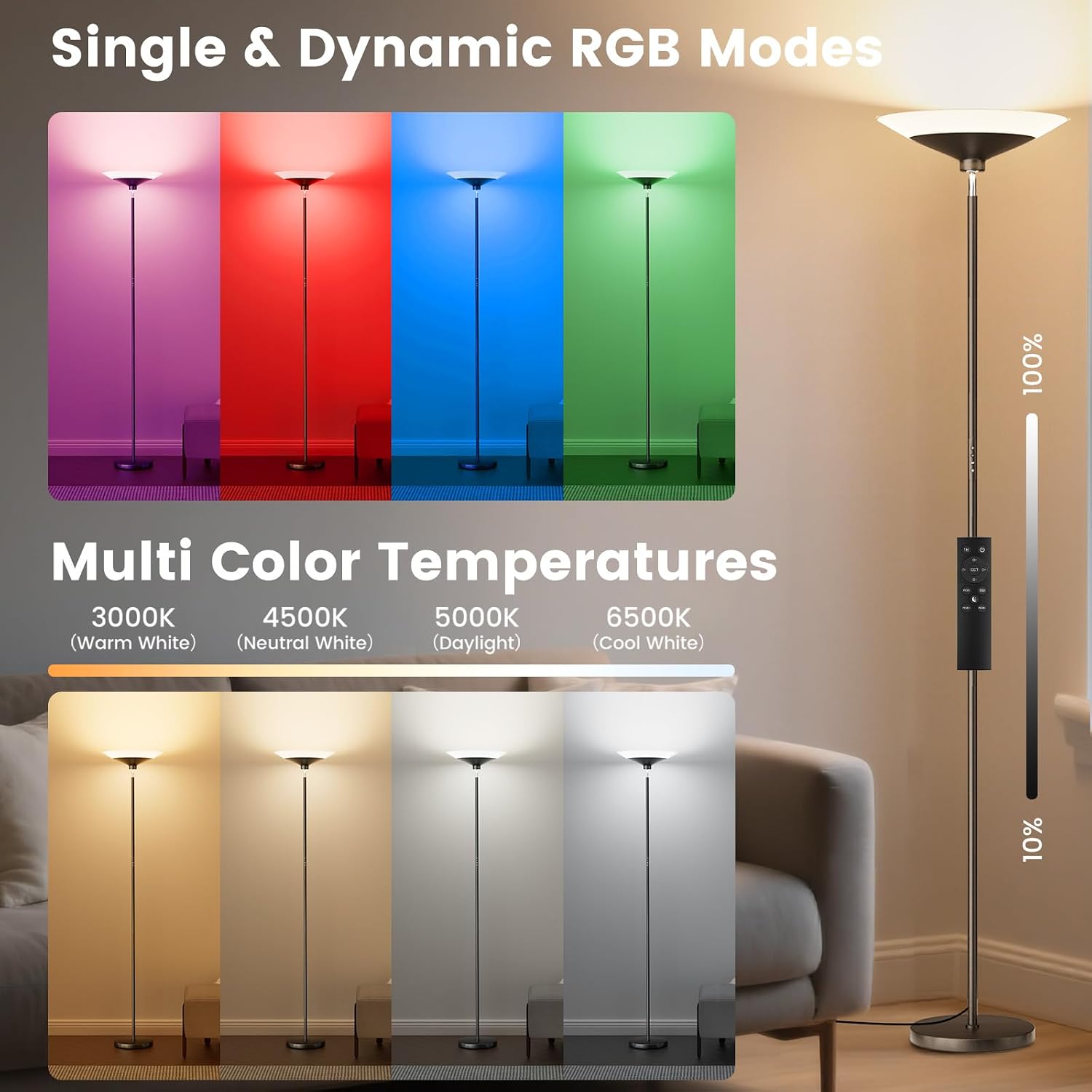SIBRILLE RGB Torchiere Floor Lamp - 30W Dimmable LED Standing Lamp with Remote, Multi Color Changing, 72in Tall Corner Light, Bright…