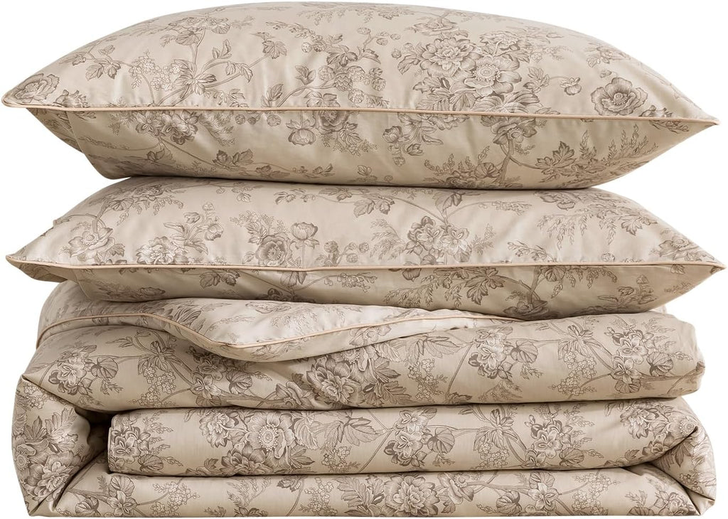 Puralens Beige Floral Duvet Cover, Queen Size 100% Cotton Percale Shabby Flower Patterned Chic Bed Cover Set, Soft Crisp Zipper Reversible…