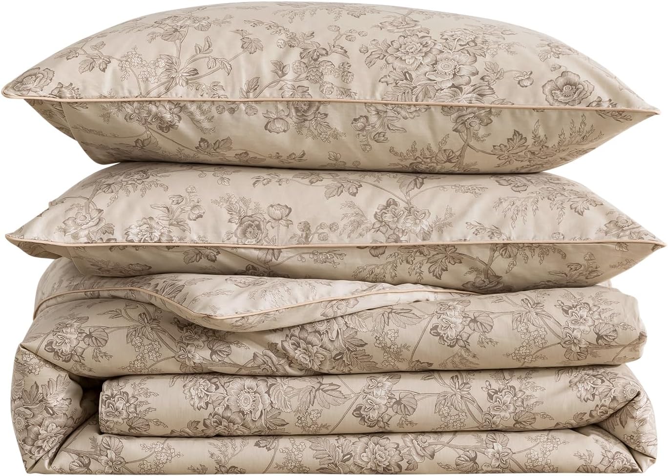 Puralens Beige Floral Duvet Cover, King Size 100% Cotton Percale Shabby Flower Print Chic Bed Cover Set, Soft Crisp Zipper Reversible Comfo…